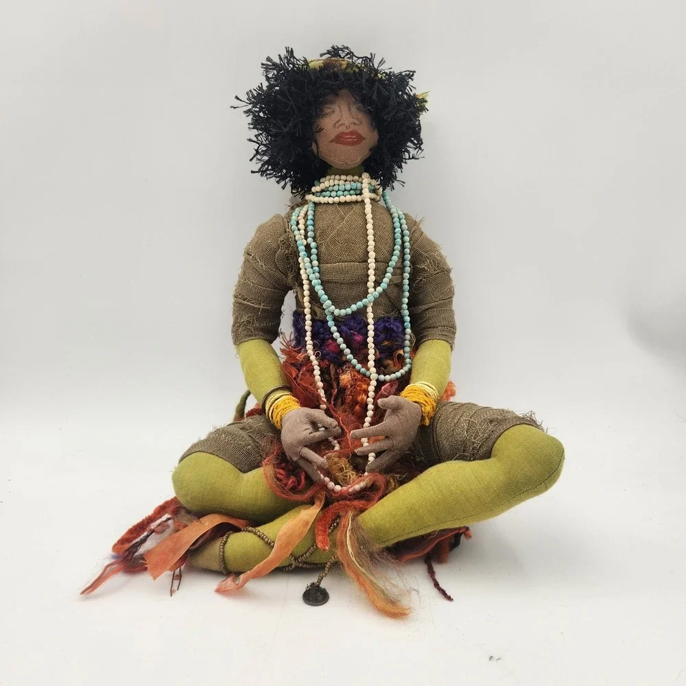 Handcrafted Meditating Art Doll Textile Soft Sculpture Boho Folk Art 11 Inch